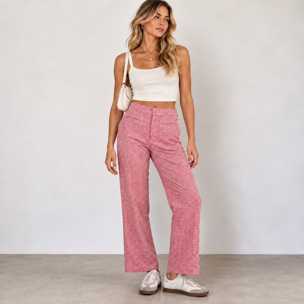 Zara Gingham High Waisted Straight Leg Pants Womens Size XXL Pink White Peppy